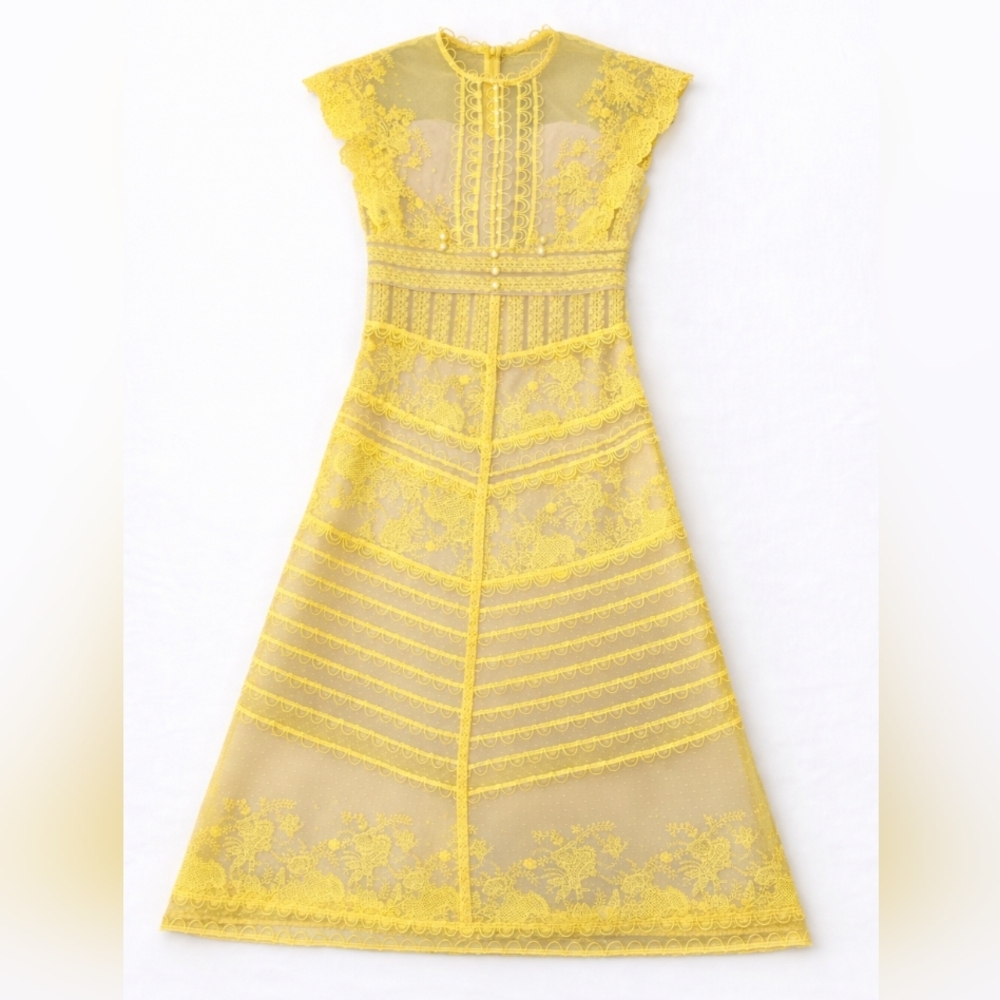 Yellow Lace Midi Dress – Floral A-Line Sheer Elegant Party / Wedding Guest